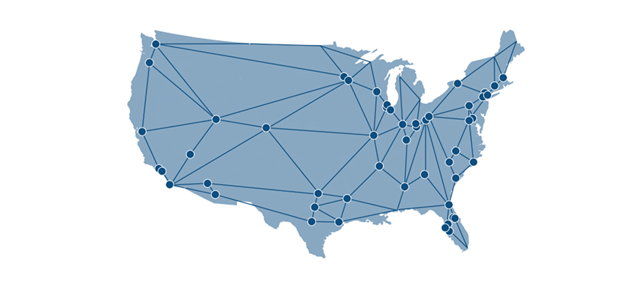 An illustrated map of the united states with lines connecting locations